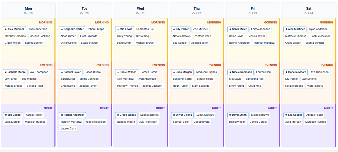 Hospital Shift Manager Weekly Team Calendar View